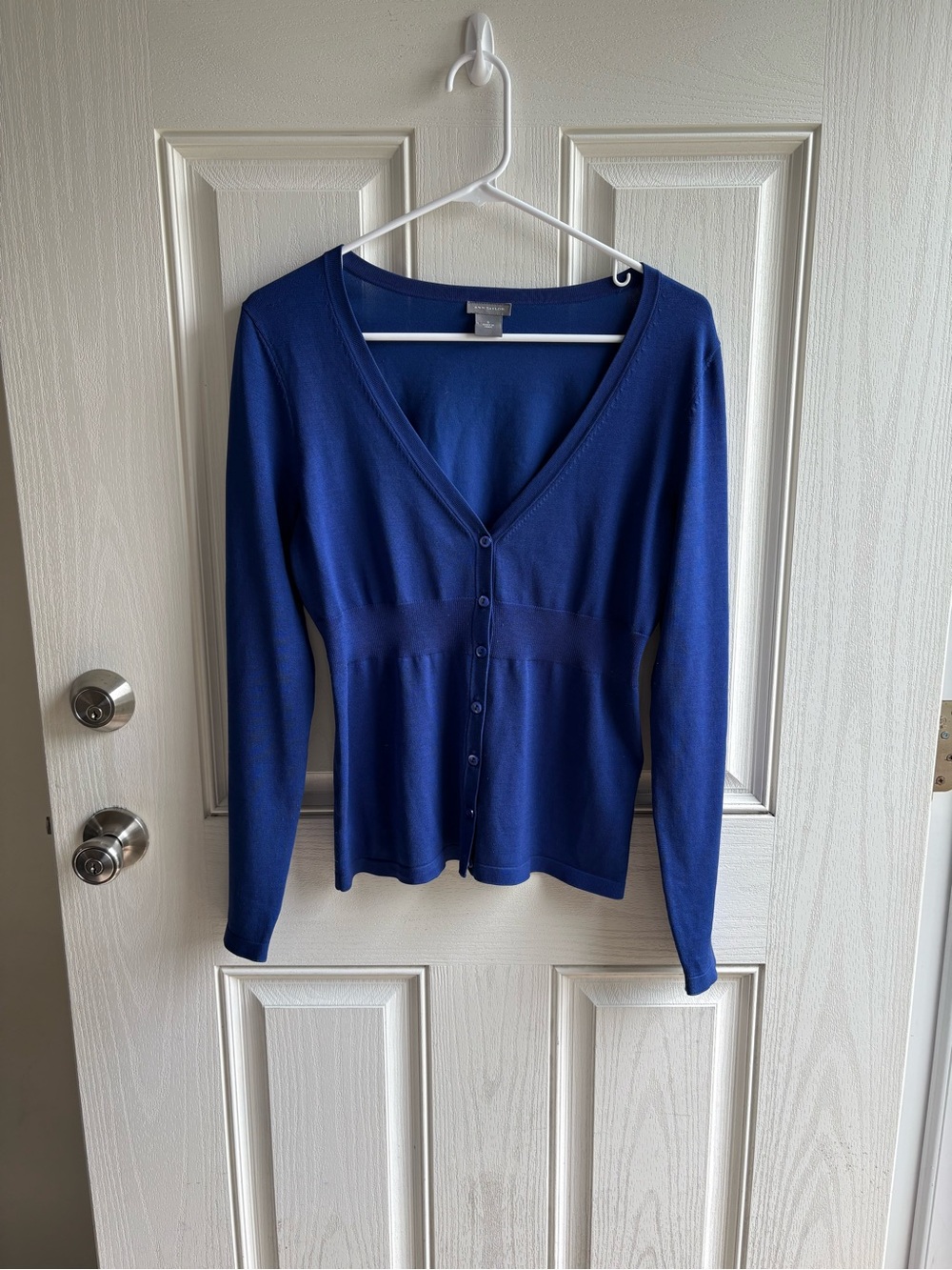 Ann Taylor Blue V Neck Button Front Fitted Cardigan Sweater Size S - Picture 2 of 6